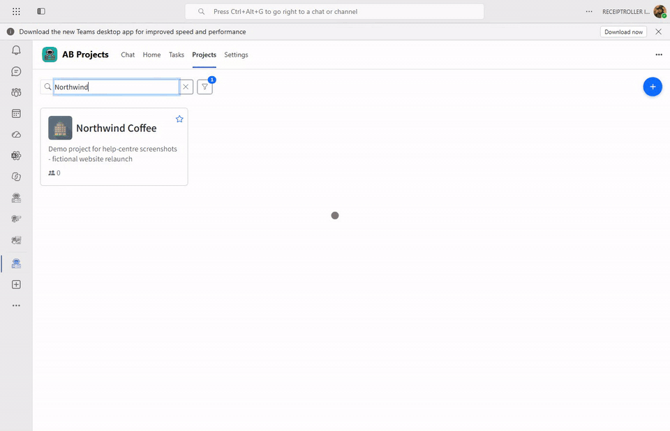 AB Projects running as a personal app inside Microsoft Teams: searching the Projects tab, opening a project, then viewing its task list and Kanban board without leaving Teams