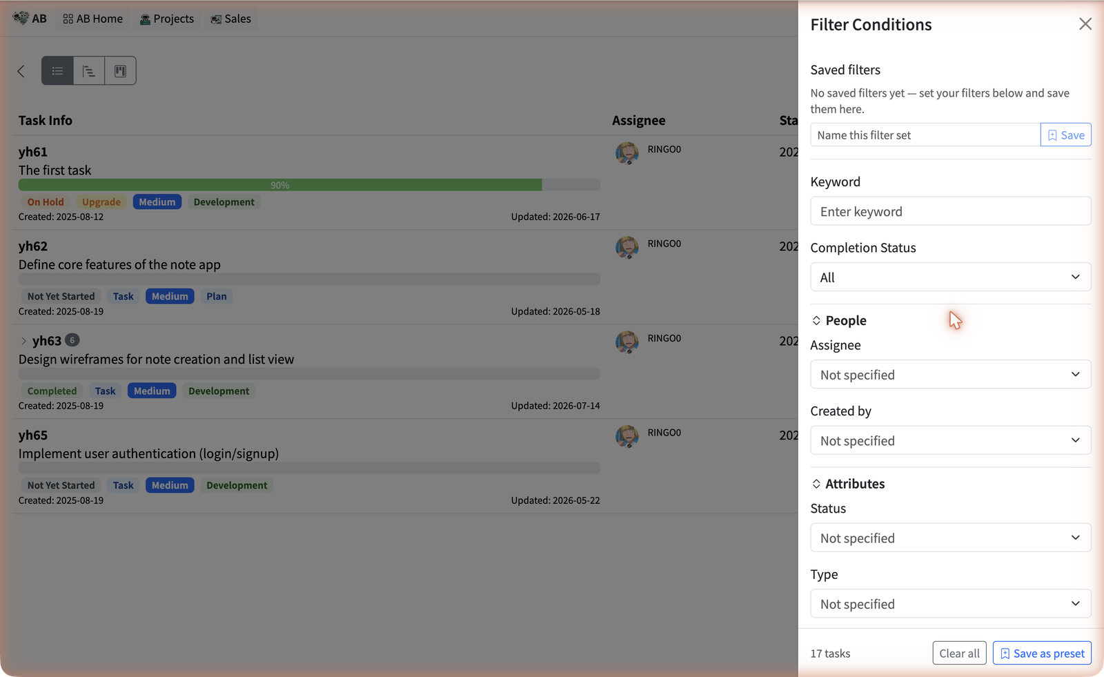 The Filter Conditions panel in AB Projects, with Saved filters at the top followed by Keyword, Completion Status, People and Attributes