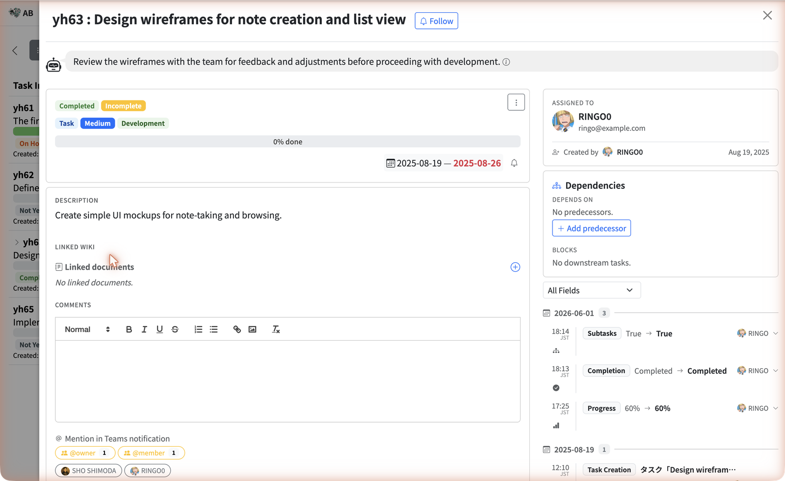 A task detail panel in AB Projects showing the Dependencies card with Depends on, an Add predecessor button, and Blocks