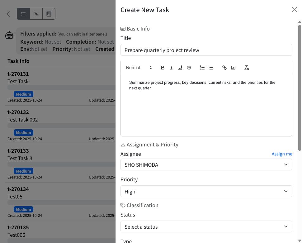 Create New Task window showing the title, description, assignee, priority, and classification fields