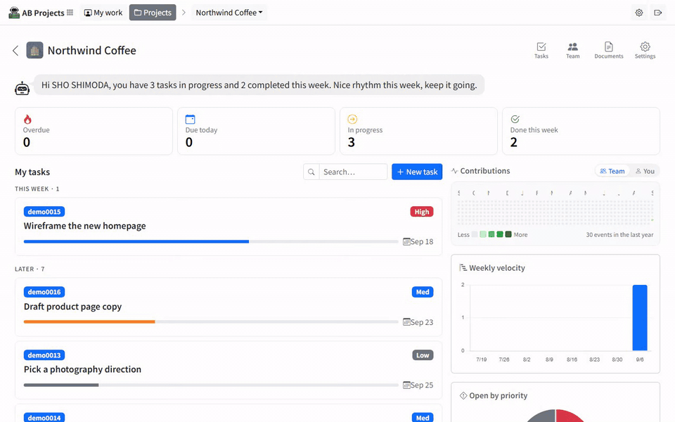 Animated walkthrough of creating a task in AB Projects: opening Tasks, selecting Create new task, entering a title, setting the priority and status, then saving and landing on the new task