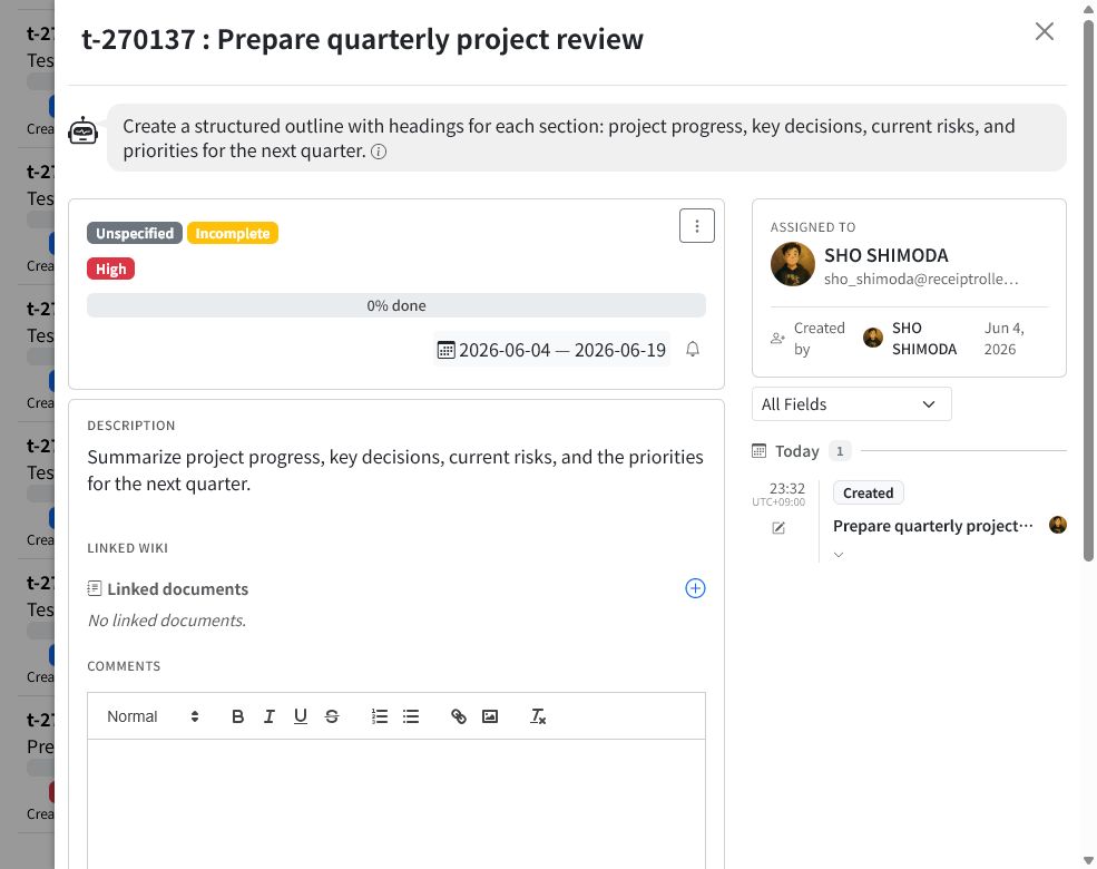 Newly created task detail panel showing its title, priority, dates, description, assignee, comments, and history