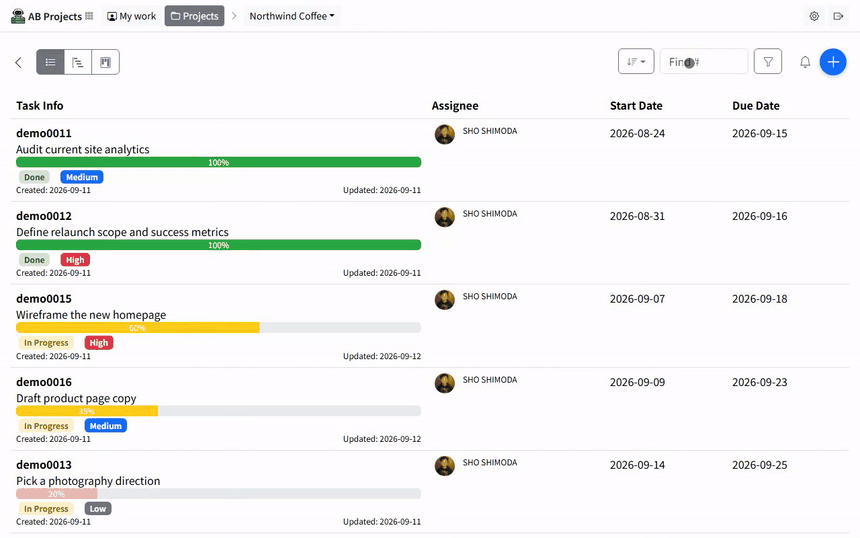 Opening a task, choosing Start / Due Dates from the actions menu, moving the due date a week later, entering a reason and saving; the date range updates and the change is written into the task history