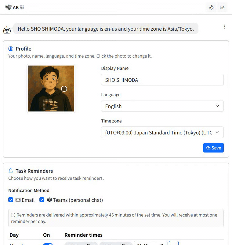 The Profile card on the Settings tab: hovering the photo to show it is clickable, editing the Display Name field, moving down through the Language and Time zone dropdowns, then clicking Save and getting a confirmation message