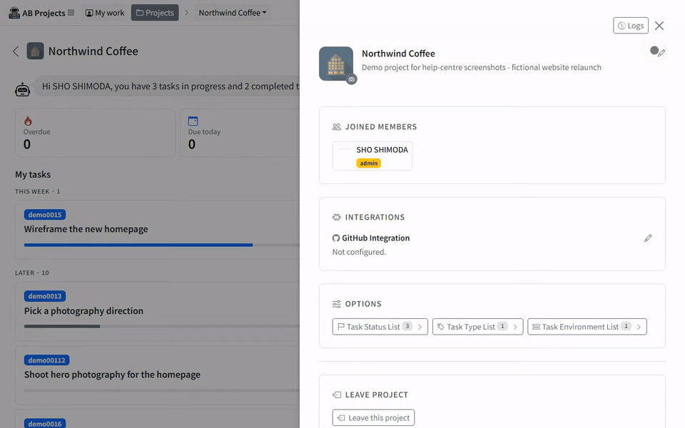 Opening a project's settings page and scrolling through it: name and description, Joined Members, Integrations, the Options workflow lists and the copyable Project ID, then opening the Task Status List