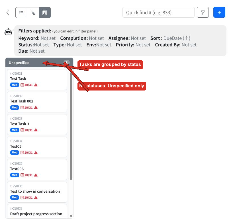 Kanban view with arrows pointing to the Unspecified status column