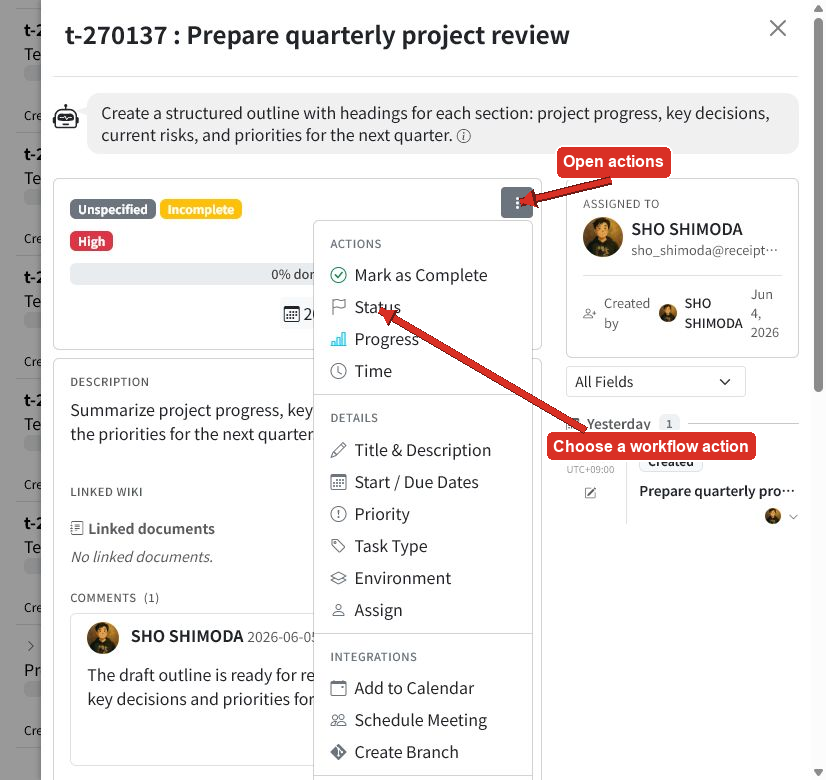 Task actions menu with arrows pointing to the menu button and workflow actions