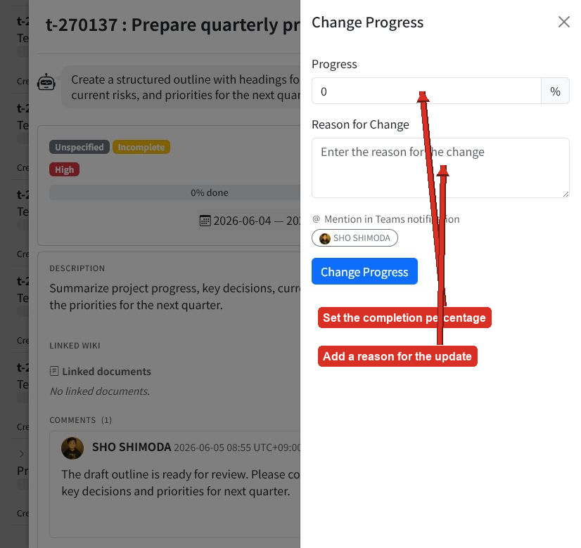 Change Progress panel with arrows pointing to the percentage and reason fields