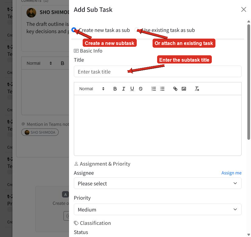 Add Sub Task panel with arrows pointing to the creation mode and task title