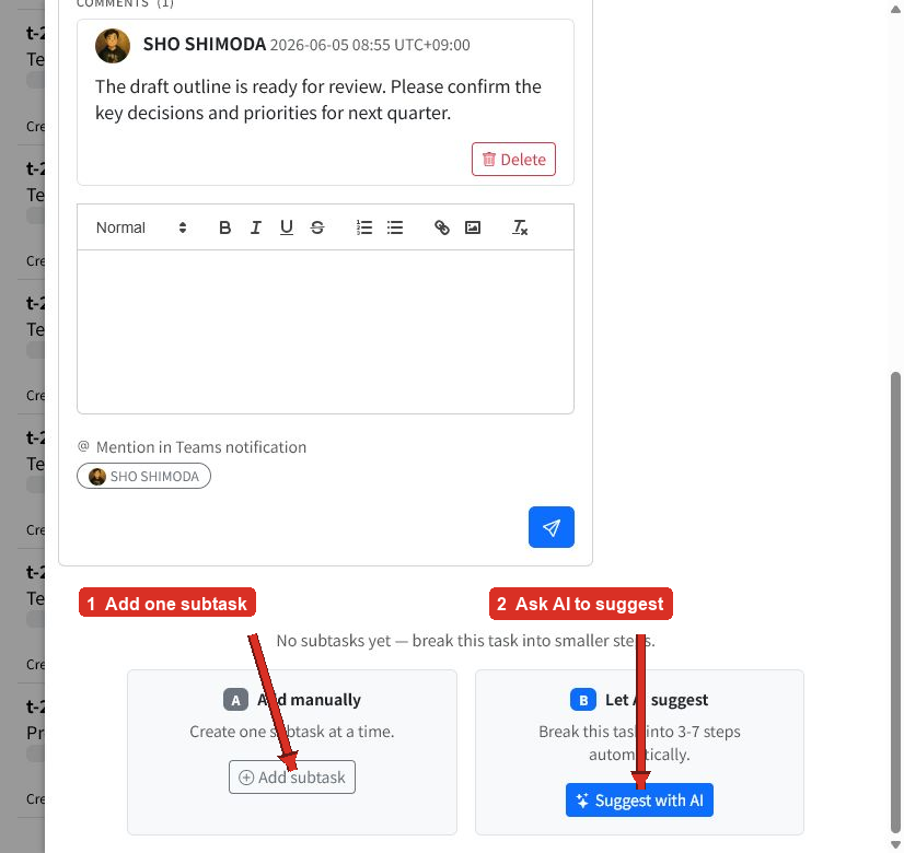 Task detail panel with arrows pointing to Add subtask and Suggest with AI