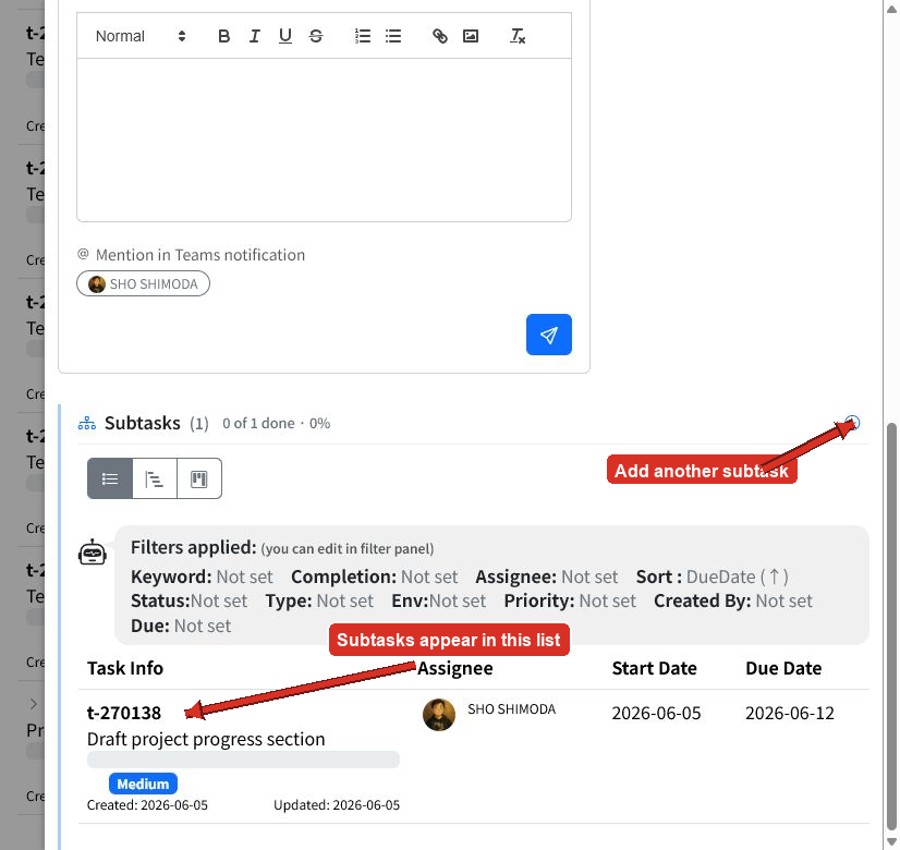 Parent task Subtasks section with arrows pointing to the add button and a subtask row