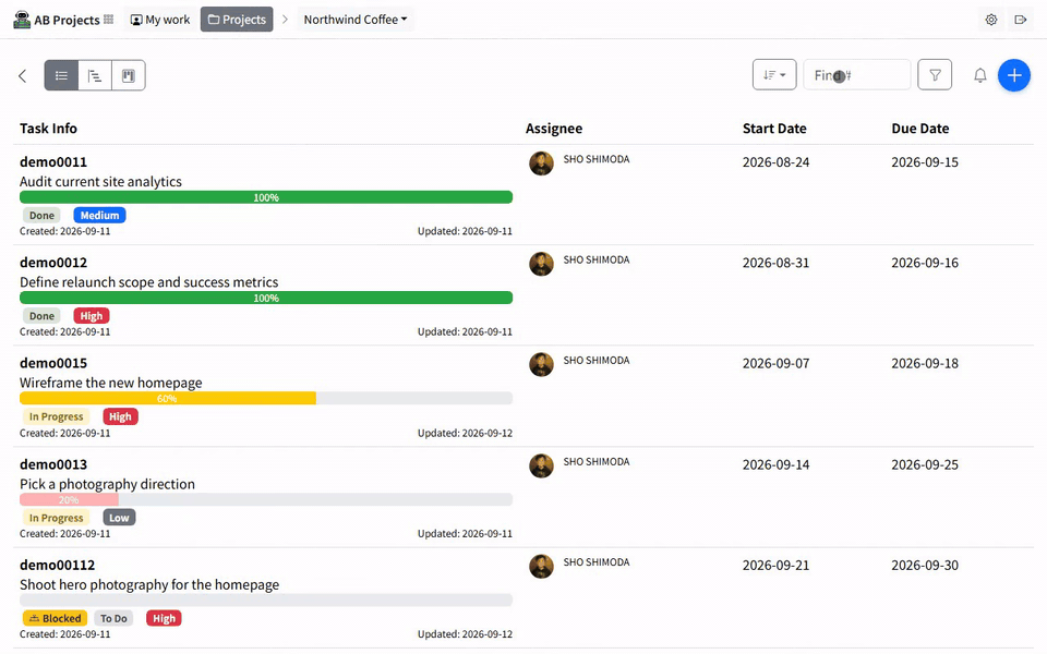 The change history column of a task, filtered by field: All Fields shows every entry, Due Date narrows to the one date change with its old and new value, Status narrows to the status entries, then back to All Fields