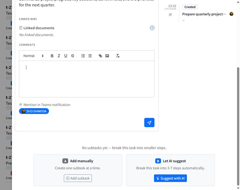 Task comment editor with rich-text controls and a selected member under Mention in Teams notification