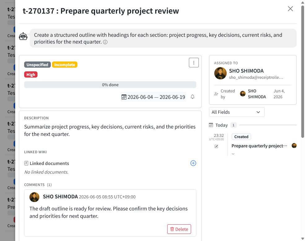 Task detail panel showing a posted comment with its author, timestamp, content, and Delete action