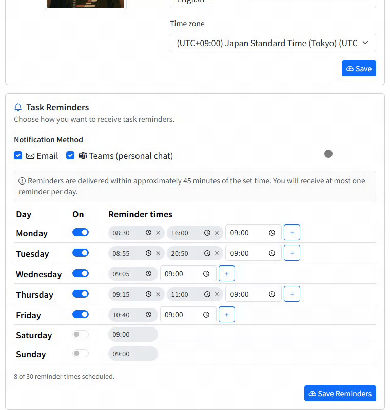 The Task Reminders card in Settings: the Email and Teams delivery methods, switching Saturday on so a 09:00 reminder appears, adding a second time of 10:00 with the plus button, then clicking Save Reminders and getting a confirmation