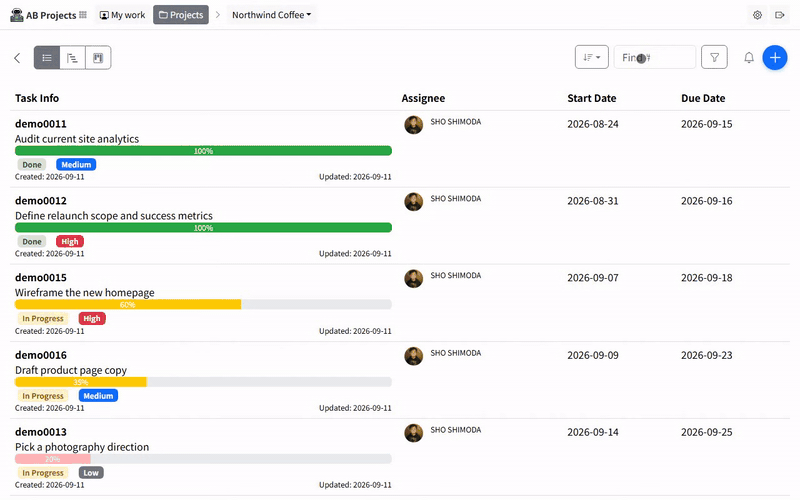 Opening a task, choosing Status from the actions menu, selecting In Progress, typing a reason for the change, and selecting Change Status, after which the badge and the task history both update