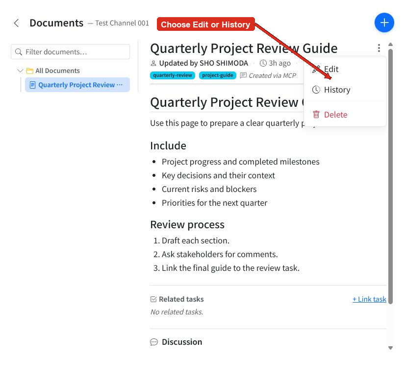 Document actions menu with an arrow pointing to Edit and History