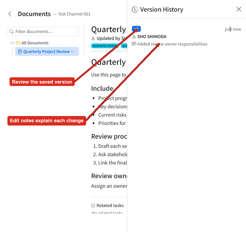 Version History panel with arrows pointing to the saved version and edit note