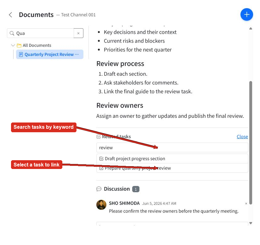 Related tasks search with arrows pointing to the task keyword field and matching tasks