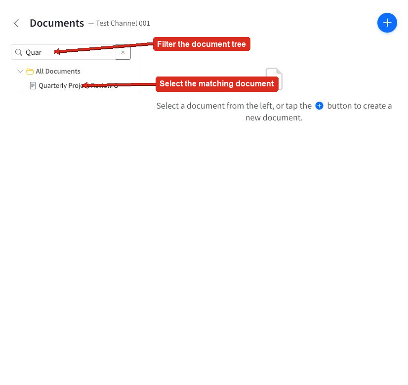 Documents area with arrows pointing to the document filter and matching document