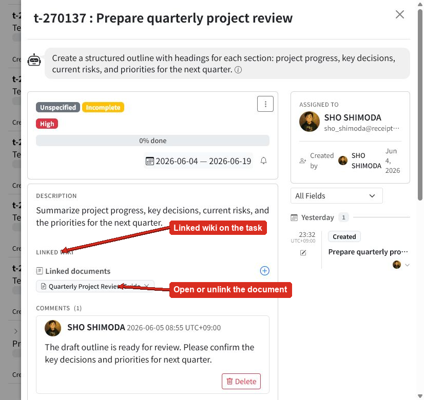 Task details with arrows pointing to Linked wiki and the linked document