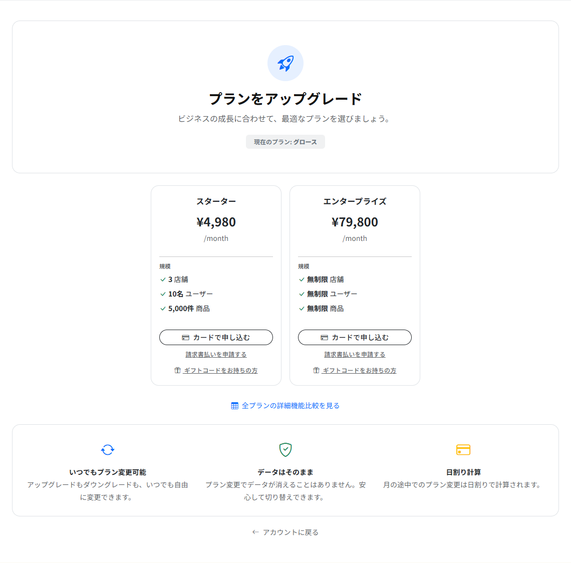 プランをアップグレードする画面。現在のプランが表示され、切り替えられるプランがカードで並び、それぞれに「カードで申し込む」「請求書払いを申請する」「ギフトコードをお持ちの方」の導線があります。