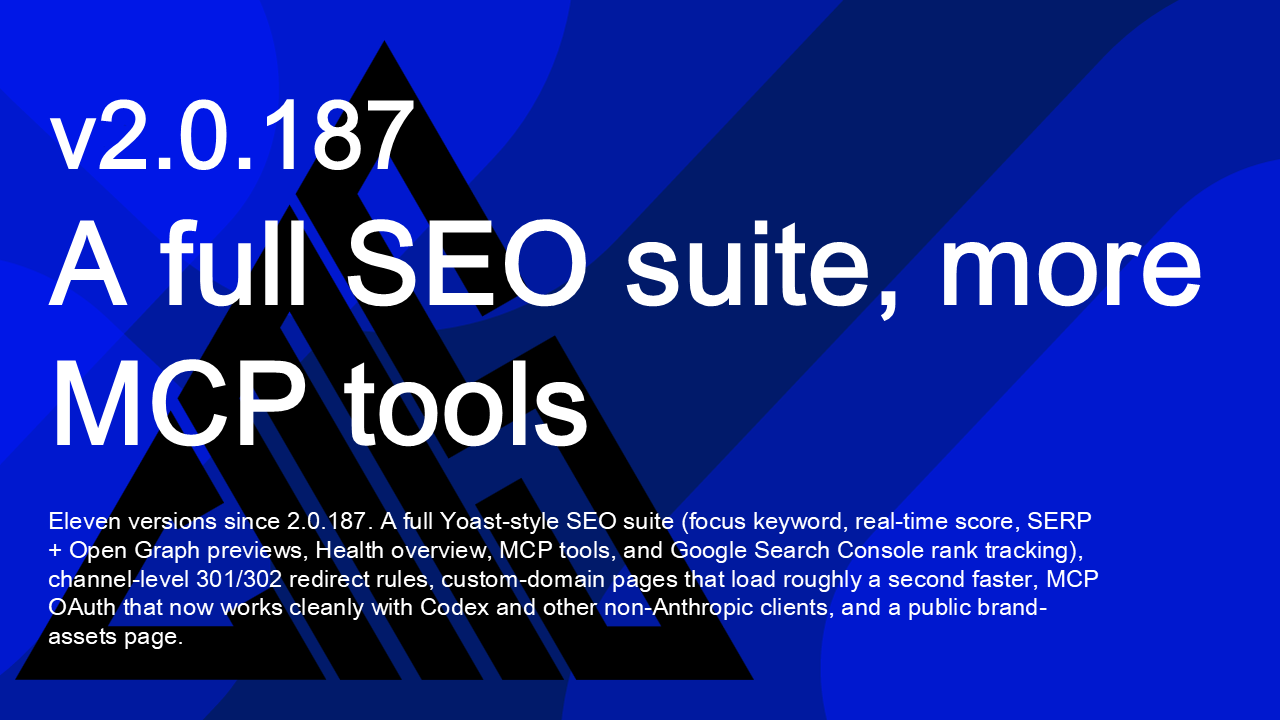 OmniCon 2.0.198 — A full SEO suite, channel-level redirects, faster custom domains, and broader MCP client support