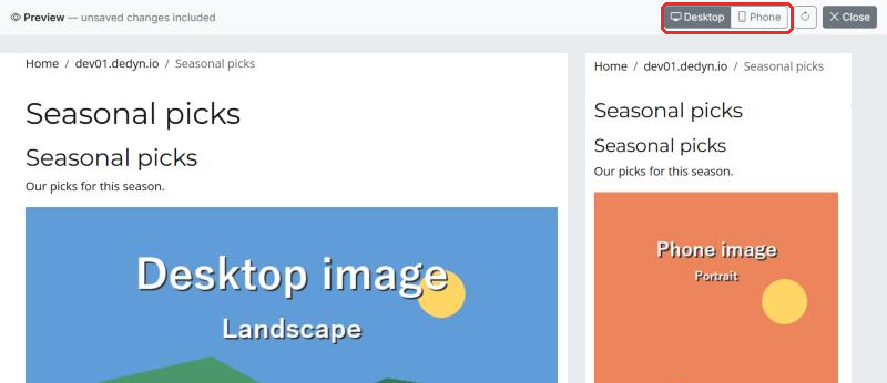The preview at desktop width and at phone width