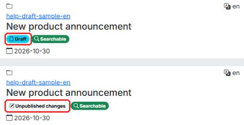 The Draft and Unpublished changes badges in the article list