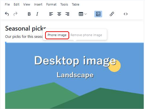 Selecting an image shows the Phone image and Remove phone image buttons above it