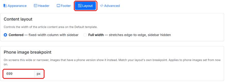The Phone image breakpoint setting under Theme, Layout