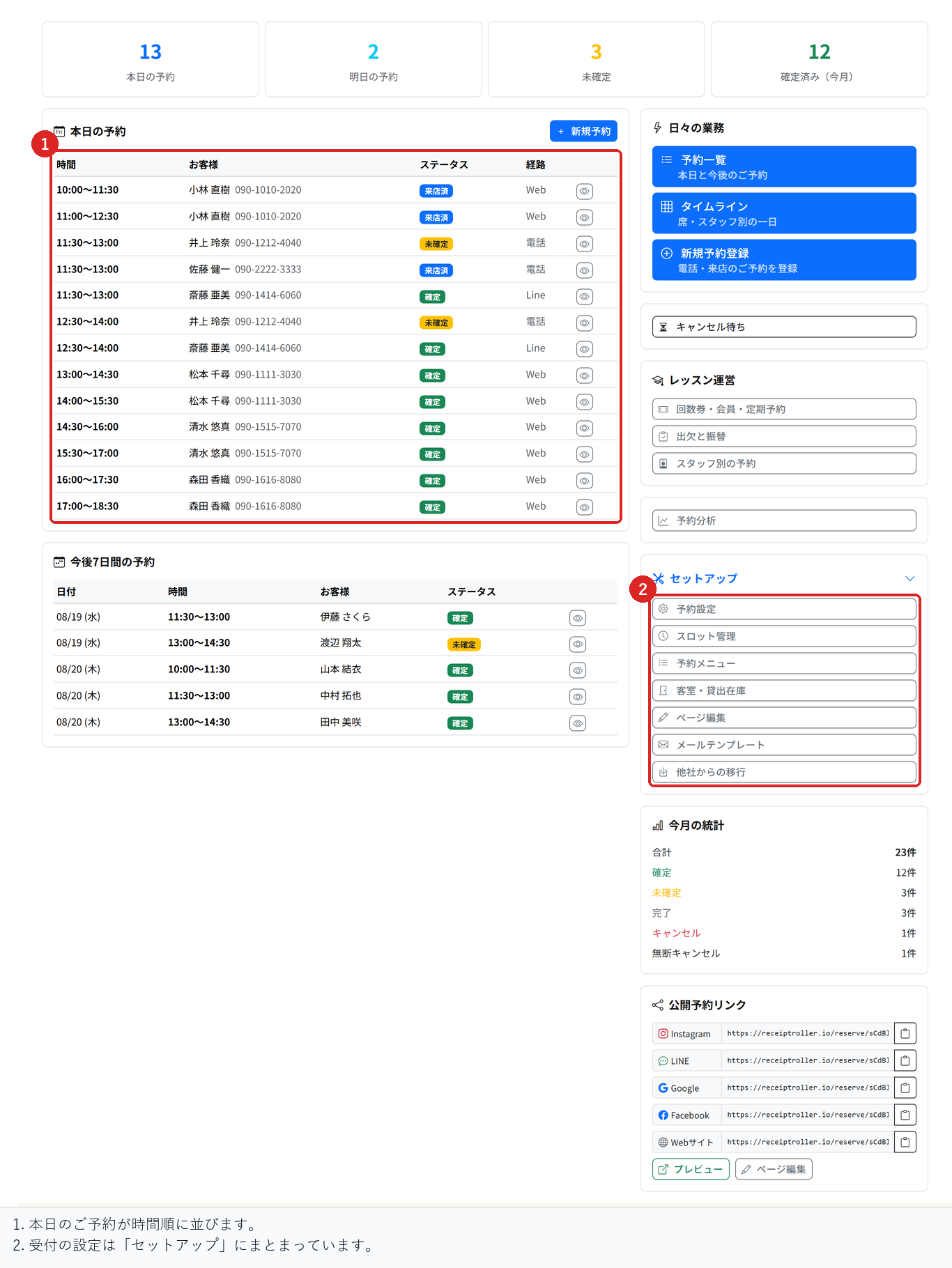 予約管理のトップ画面で、本日のご予約と「セットアップ」の位置を確認する場所