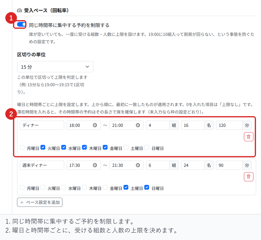 予約設定の応用設定で、同時受付数の制限を有効にし、曜日と時間帯ごとの上限を登録する場所